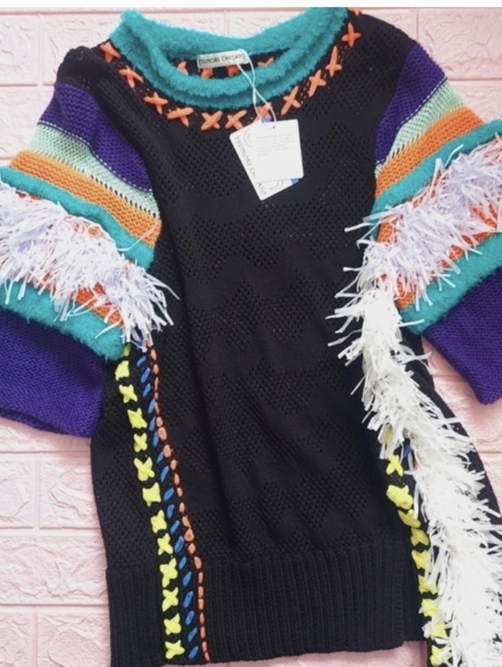 Tsumori Chisato Black Knit Sweater with Teal, Purple, Orange and White Accents
